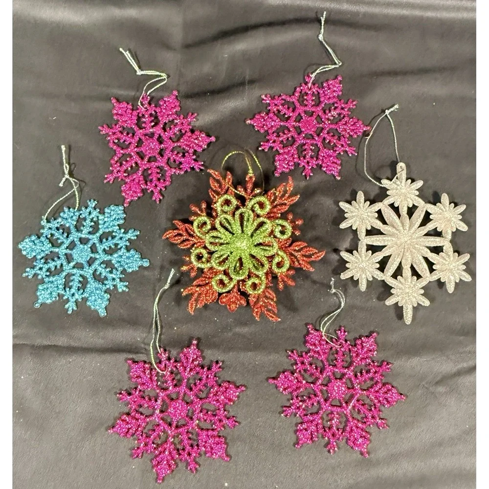 Snowflake Ornaments Multicolor Glitter Holiday Decor Lot 7
